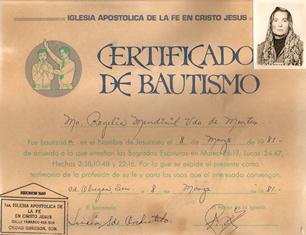 Certificado de Bautismo Hna. Rogelia MEndivil, pionera en Quetchehueca