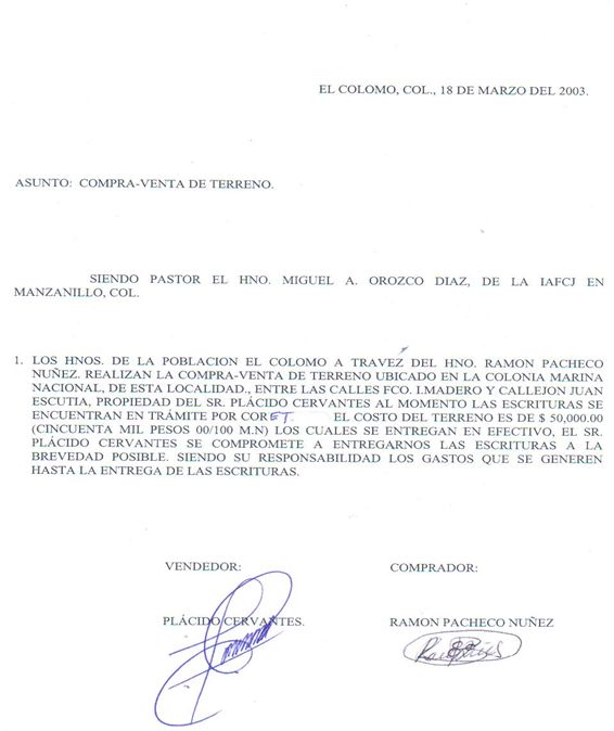 Documento de compra –venta del terreno de la primer Iglesia del Colomo, Col.