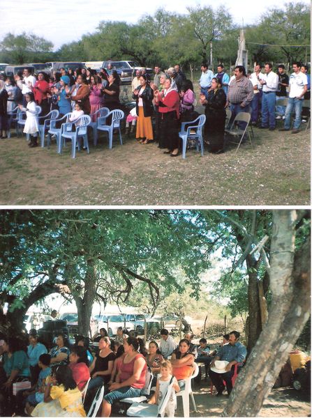 Archivo:Sup. Una campaña en el rancho El Huizache inf. culto en el rancho Jaboncillos antes de celebrar bautismos.jpg